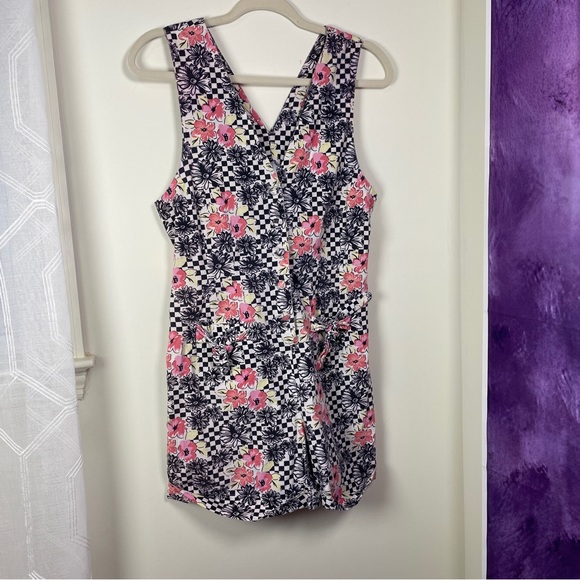 Vintage 90s Y2K Geometric Check Print w Floral Sleeveless Button Down Romper Med - Picture 1 of 13
